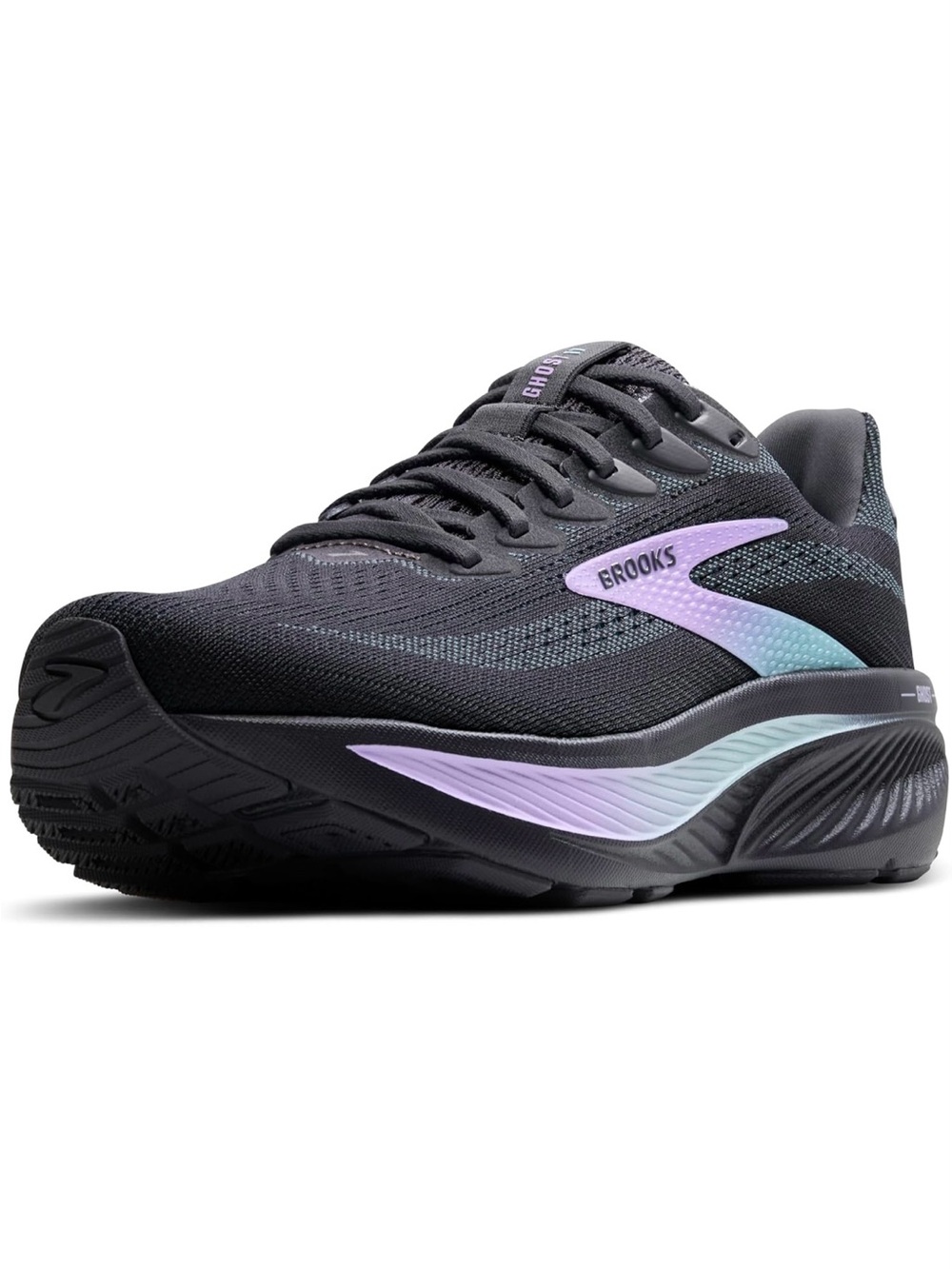 Women’s Brooks Ghost 17, size 6, Black Running Shoes with Lavender/Mint Accents